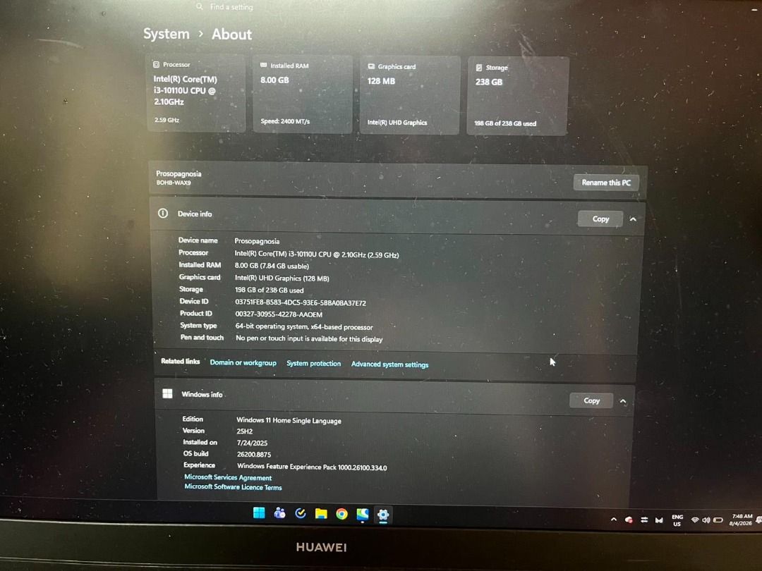 Huawei Laptop Intel Core i3 8GB RAM 256GB SSD (Category: Laptops & Notebooks) located in Mandaluyong City. Submitted by alephyambs (Listing ID 1466437238, Image 3). Description: ⭐️Used for studying (MS Office, browsers) & rendering (AutoCAD, Civil3D, STAAD, QGIS) ⭐️signs of usage ⭐️lady-owned ⭐️fingerprint working ⭐️camera working ⭐️Inclusion: Unit only ⭐️Rfs: graduate na ⭐️Check specs in the photos ⭐️Meet-up only Powerplant Mall SM Light Mall ⭐️