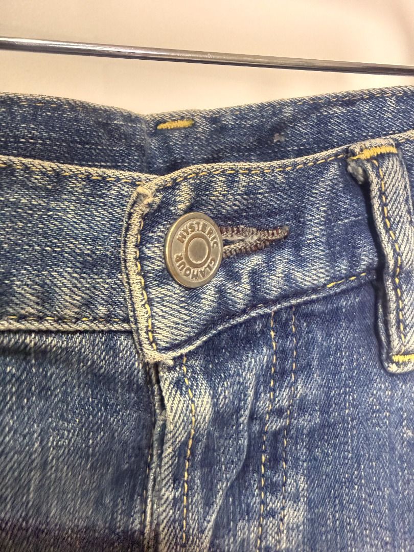 Hysteric Glamour Washed Denim Pants (Category: Jeans) located in Binan City. Submitted by thenocturneones (Listing ID 1466524543, Image 2). Description: Flaws: Discoloration on the metal embellishment. Scratches and one restitched part near the right front pocket Waist 33 in/83.8 cm Inseam 28.5 in/72.4 cm Leg Opening 6.75 in/17.1 cm Front Rise 10 in/25.4 cm Thigh 10 in/25.4 cm Knee 7.25 in/18.4 cm.