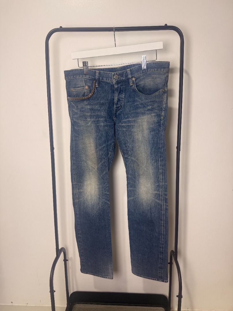 Hysteric Glamour Washed Denim Pants (Category: Jeans) located in Binan City. Submitted by thenocturneones (Listing ID 1466524543, Image 1). Description: Flaws: Discoloration on the metal embellishment. Scratches and one restitched part near the right front pocket Waist 33 in/83.8 cm Inseam 28.5 in/72.4 cm Leg Opening 6.75 in/17.1 cm Front Rise 10 in/25.4 cm Thigh 10 in/25.4 cm Knee 7.25 in/18.4 cm.