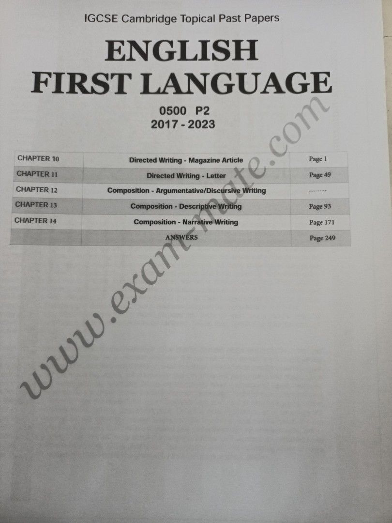 IGCSE English First Language Topical Past Papers （分類：補充練習）位於 Hong Kong。 由 111063 提交（商品編號 1466362268，圖片 2）。簡介： IGCSE Cambridge Topical Past Papers，English First Language (0500 P2)，年份2017-2023。總共分咗Part 1同Part 2兩本，用膠圈裝訂，入面有齊Chapter 10到14嘅文章、寫作練習同答案。