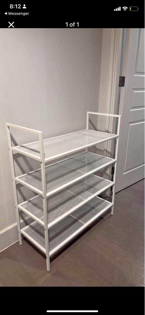 IKEA BOJTEN White Hallway Shoe Storage Rack (Category: Shelves, Cabinets & Racks) located in Taguig. Submitted by banannananas (Listing ID 1466492237, Image 1). Description: - Color/Material: Clean white metal frame - Storage: 4 tiers of wire mesh shelves to prevent dirt buildup - Design: Slim and minimalist, perfect for narrow entryways and hallways - Capacity: Standard 4-tier height holds multiple pairs of shoes - Condition: Solid and durable b