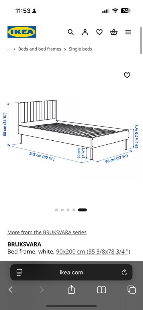 IKEA BRUKSVARA Bed frame, white, 90x200 cm (Category: Bed Frames & Mattresses) located in Makati City. Submitted by nique.closet (Listing ID 1466337674, Image 2). Description: - Brand/Model: IKEA BRUKSVARA Single Bed Frame - Color: White - Design: Clean minimalist style with a chic tufted headboard - Included: Slatted bed base - Dimensions: Fits standard 90x200 cm mattress (Total: 205L x 96W x 88H cm) - Storage: 20 cm clearance underneath - Ideal