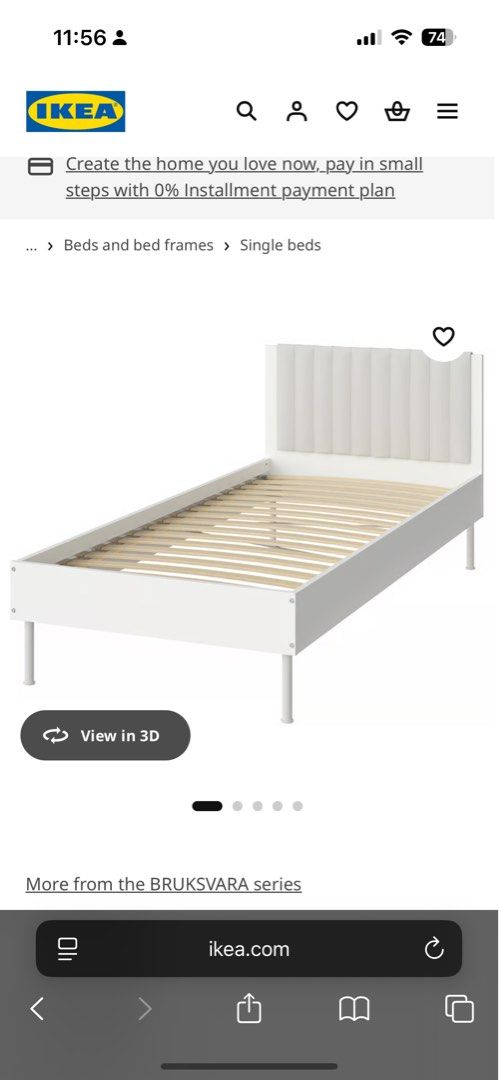 IKEA BRUKSVARA Bed frame, white, 90x200 cm (Category: Bed Frames & Mattresses) located in Makati City. Submitted by nique.closet (Listing ID 1466337674, Image 1). Description: - Brand/Model: IKEA BRUKSVARA Single Bed Frame - Color: White - Design: Clean minimalist style with a chic tufted headboard - Included: Slatted bed base - Dimensions: Fits standard 90x200 cm mattress (Total: 205L x 96W x 88H cm) - Storage: 20 cm clearance underneath - Ideal
