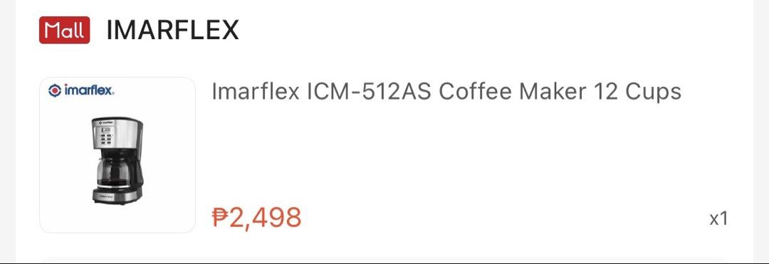 Imarflex Aroma-Tech 12 Cups Coffee Maker ICM-512AS (Category: Coffee Machines & Makers) located in Manila. Submitted by asfernandez30 (Listing ID 1466401967, Image 3). Description: - Brand new and factory sealed - 12-cup capacity with thermo-glass carafe - Aroma-Tech control for up to 2x brewing strength - LCD time display and keep-warm heater plate - Automatic drip function with built-in cord storage - Energy-efficient 900 watts with sleek stain