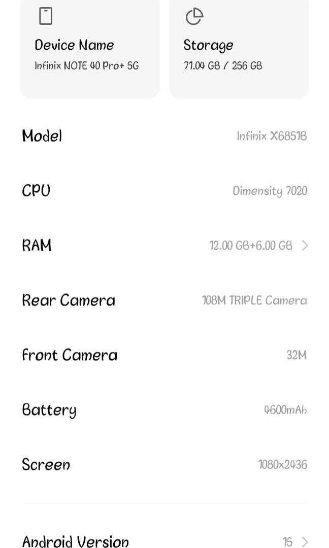 INFINIX NOTE 40 PRO+ 5g (Category: Android Others) located in Pasay City. Submitted by gelrss (Listing ID 1466530064, Image 2). Description: Rush sale!!! Infinix NOTE 40 Pro+ 5G 256gb NO ISSUE Minimal dents INCLUSIONS: Unit, charger and magnetic case and charger plus box **full specs provided together with pics ng unit** Rfs: Need funds for medication.