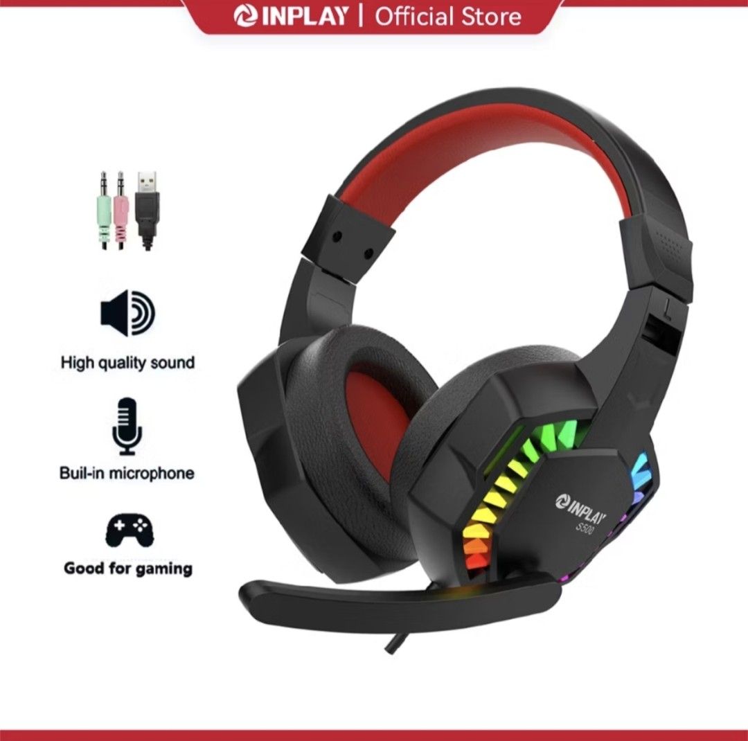 Inplay S500 Gaming Headset with LED Lights (Category: Headphones & Headsets) located in Iloilo. Submitted by maikeru27 (Listing ID 1466539952, Image 1). Description: - Brand: Inplay S500 Gaming Headset - Color: Black and Red - Audio: Big 50mm drivers for loud, clear sound - Microphone: Sensitive and adjustable for clear comms - Control: Convenient volume knob on the earmuff - Aesthetics: Colorful static RGB mixed lighting.