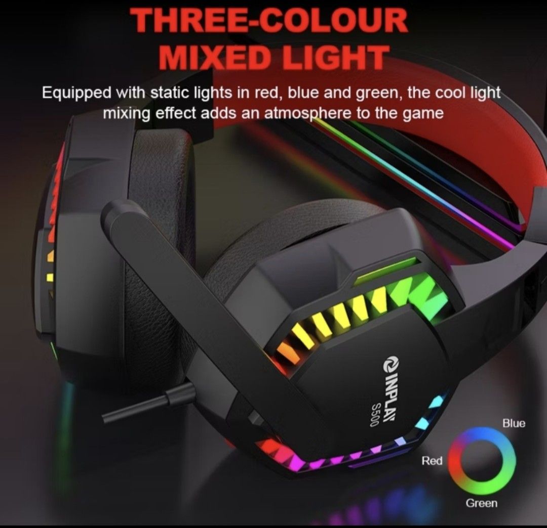 Inplay S500 Gaming Headset with LED Lights (Category: Headphones & Headsets) located in Iloilo. Submitted by maikeru27 (Listing ID 1466539952, Image 3). Description: - Brand: Inplay S500 Gaming Headset - Color: Black and Red - Audio: Big 50mm drivers for loud, clear sound - Microphone: Sensitive and adjustable for clear comms - Control: Convenient volume knob on the earmuff - Aesthetics: Colorful static RGB mixed lighting.