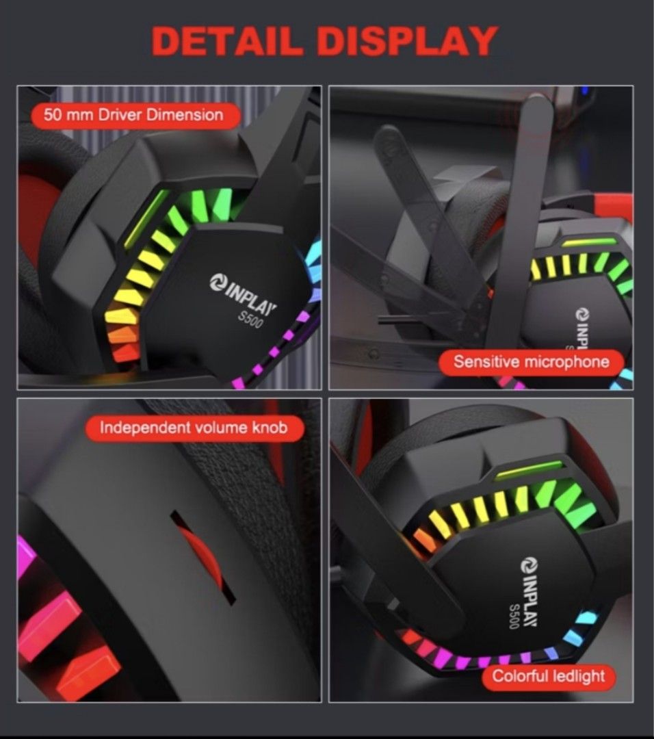 Inplay S500 Gaming Headset with LED Lights (Category: Headphones & Headsets) located in Iloilo. Submitted by maikeru27 (Listing ID 1466539952, Image 2). Description: - Brand: Inplay S500 Gaming Headset - Color: Black and Red - Audio: Big 50mm drivers for loud, clear sound - Microphone: Sensitive and adjustable for clear comms - Control: Convenient volume knob on the earmuff - Aesthetics: Colorful static RGB mixed lighting.