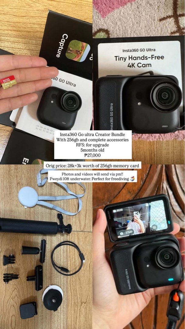Insta360 GO Ultra Creator Bundle (Category: Video Cameras) located in Caloocan City. Submitted by recyclomanila (Listing ID 1466468196, Image 3). Description: - Item: Insta360 Go Ultra Creator Bundle - Storage: Includes 256GB memory card (worth 3,000 PHP) - Age & Reason: 5 months old, selling due to an upgrade - Condition: Fully functional, great for underwater shots up to 10ft - Inclusions: Complete accessories, box, and all mounts - Value: Orig