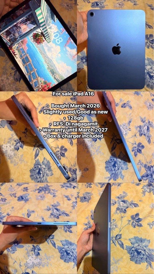 iPad 16 2026 (Category: iPad) located in Taguig. Submitted by pam_mae (Listing ID 1466475111, Image 1). Description: For sale iPad A16 • Bought March 2026 • Slightly used/Good as new o 128gb • RFS: Di nagagamit • Warranty until March 2027 • Box & charger included BATTERY HEALTH 100%.