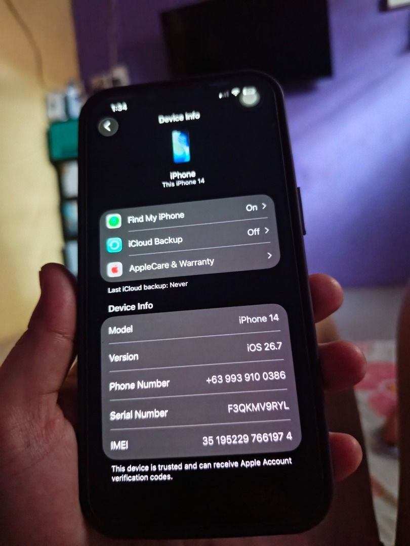 Iphone 14 for sale (Category: iPhone 14 Series) located in Caloocan City. Submitted by merlads (Listing ID 1466412765, Image 3). Description: 📱 FOR SALE: iPhone 14 128GB Price: ₱15,000 negotiable Selling my iPhone 14 128GB. Still working and usable. ✅ 128GB storage ✅ Camera working perfectly — front & back camera ✅ Face ID working ✅ Wi-Fi / Bluetooth / SIM working ✅ Charging working ✅ No camera issue ⚠️ Display has been replaced ⚠️ Battery has b