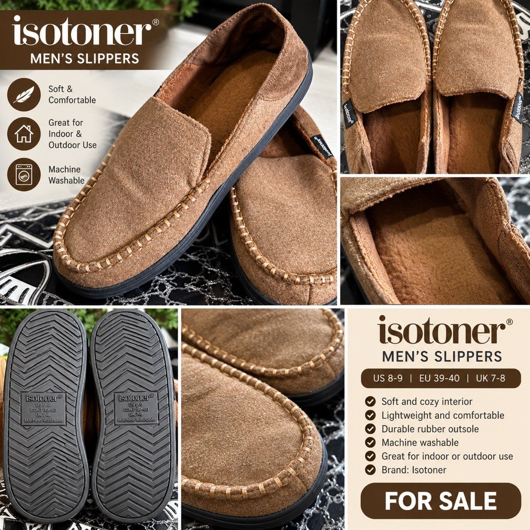 Isotoner Men’s Moccasin Slippers (Category: Casual Shoes) located in Quezon City. Submitted by nhamaq (Listing ID 1466357446, Image 1). Description: FOR SALE: Isotoner Men’s Moccasin Slippers 🤎 Comfortable Isotoner men’s slip-on moccasin slippers in classic brown. Soft and cozy inside with a durable rubber sole—great for lounging at home or light outdoor use. Size: US 8–9 / EU 39–40 / UK 7–8 ✔️ Soft, comfortable interior ✔️ Easy slip-on design ✔
