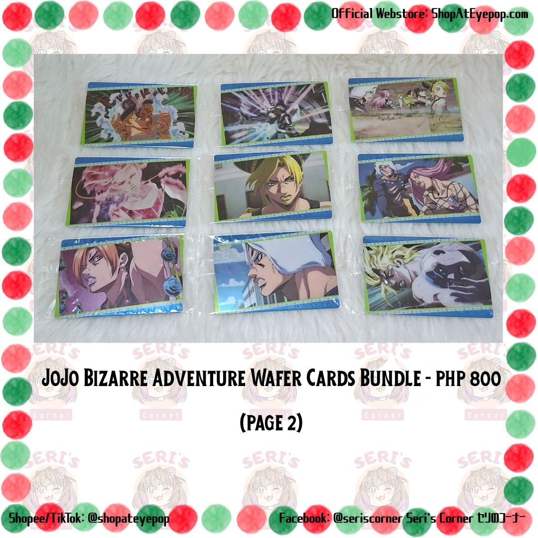 JOJO BIZARRE ADVENTURES BANDAI WAFER CARDS BUNDLE - PHP 800 (Category: Character Goods) located in Las Pinas. Submitted by seriscorner (Listing ID 1466395215, Image 2). Description: JOJO BIZARRE ADVENTURES BANDAI WAFER CARDS BUNDLE - PHP 800 ------Courier: SPX Xpress (sf c/o buyer) We accept payments via BDO, Maribank, GoTyme, and GCash..