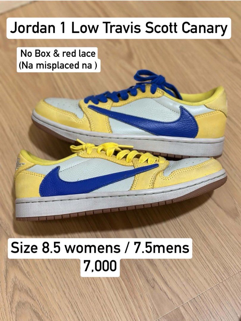 Jordan 1 Low Travis Scott Canary (Category: Sneakers) located in Manila. Submitted by jds_apparel (Listing ID 1466452186, Image 1). Description: - Model: Jordan 1 Low Travis Scott Canary - Size: 8.5 Women's / 7.5 Men's - Condition: Clean soles, minimal creases on the toe box, ready to wear - Laces: Includes blue and yellow replacement laces (red lace is missing) - Packaging: Original box not included.