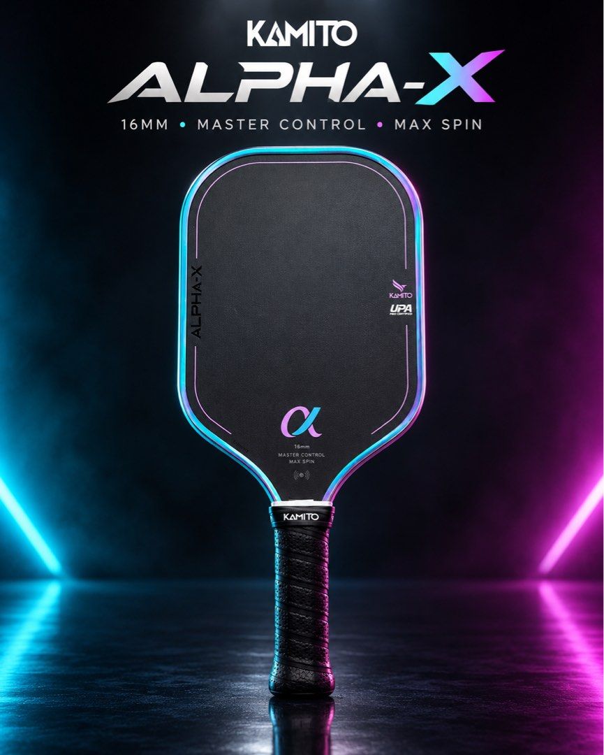 Kamito Alpha-X 16mm Pickleball Paddle Master Control Max Spin (Category: Racket and Ball Sports) located in Manila. Submitted by lynettedec88739 (Listing ID 1466413276, Image 1). Description: - Brand: Kamito Alpha-X Pickleball Paddle - Certification: UPA Pro Certified - Thickness: 16mm for ultimate control - Performance: Built for master control and maximum spin - Design: Black textured surface with vibrant blue and pink edge guard (cyberpunk aes