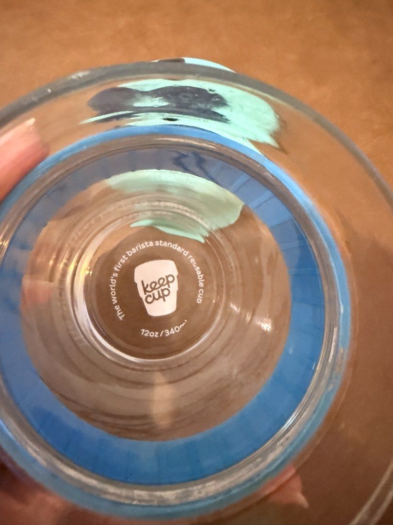 KeepCup Glass Reusable Coffee Cup 12oz / 340ml (Category: Water Bottles & Tumblers) located in Mandaluyong City. Submitted by ohayouclub (Listing ID 1466381817, Image 3). Description: - Authentic KeepCup glass reusable cup - Size: 12oz / 340ml (ideal for daily coffee or tea) - Clear tempered glass body with comfortable feel - Colorway: Mint green lid, dark blue plug, and bright blue silicone grip.