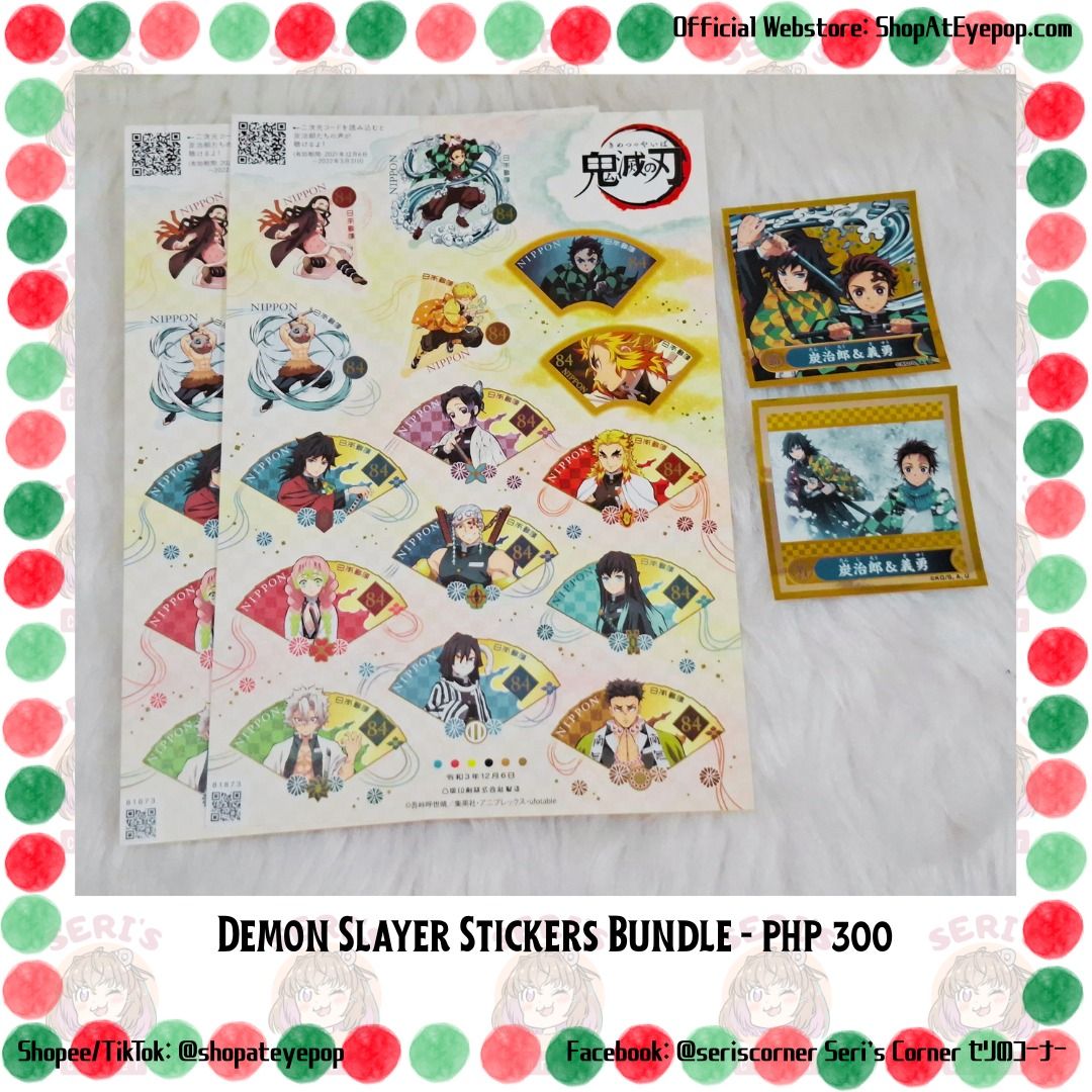 KIMETSU NO YAIBA DEMON SLAYER STICKERS BUNDLE - PHP 300 (Category: Character Goods) located in Las Pinas. Submitted by seriscorner (Listing ID 1466394743, Image 1). Description: KIMETSU NO YAIBA DEMON SLAYER STICKERS BUNDLE - PHP 300 FIXED PRICE NO HAGGLING Yung dalawang stickers from Japan post mahal bili ko dyan nasa 700php ang dalawang sheets. Mura na po ito for 300PHP parang pamigay na po. Thanks! ------Courier: SPX Xpress (sf c/o buyer) We a