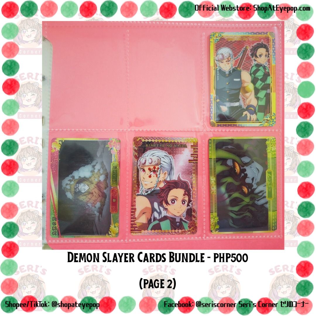 KIMETSU NO YAIBA DEMON SLAYER CARDS BUNDLE - PHP 500 (Category: Character Goods) located in Las Pinas. Submitted by seriscorner (Listing ID 1466396070, Image 2). Description: KIMETSU NO YAIBA DEMON SLAYER CARDS BUNDLE - PHP 500 ------Courier: SPX Xpress (sf c/o buyer) We accept payments via BDO, Maribank, GoTyme, and GCash..