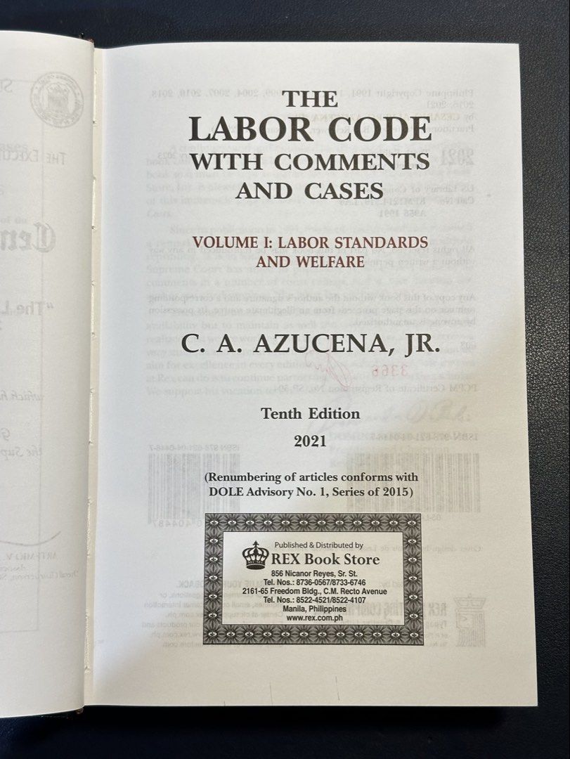 Labor Code Azucena 2021 (Category: Textbooks) located in Manila. Submitted by elleflores (Listing ID 1466472999, Image 2). Description: - Title: The Labor Code With Comments and Cases Volume I: Labor Standards and Welfare - Edition: Tenth Edition (2021) - Author: C. A. Azucena, Jr. - Publisher: Rex Book Store - Features: Conforms with DOLE Advisory No. 1, Series of 2015 (Renumbering of articles) - Cover Type: Hardbound (Black with green and gold 