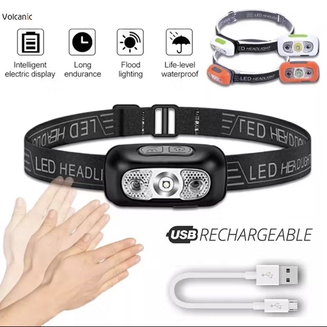 LED Headlight USB Rechargeable Motion Sensor Headlamp (Category: Hiking & Camping) located in Pasig City. Submitted by lagartode35575 (Listing ID 1466438250, Image 1). Description: - USB rechargeable LED headlight with long-lasting battery - Smart electric display to monitor battery level - Handy motion sensor for easy wave-to-turn-on/off control - Wide flood lighting and waterproof design for outdoor use - Includes charging cable and original bo