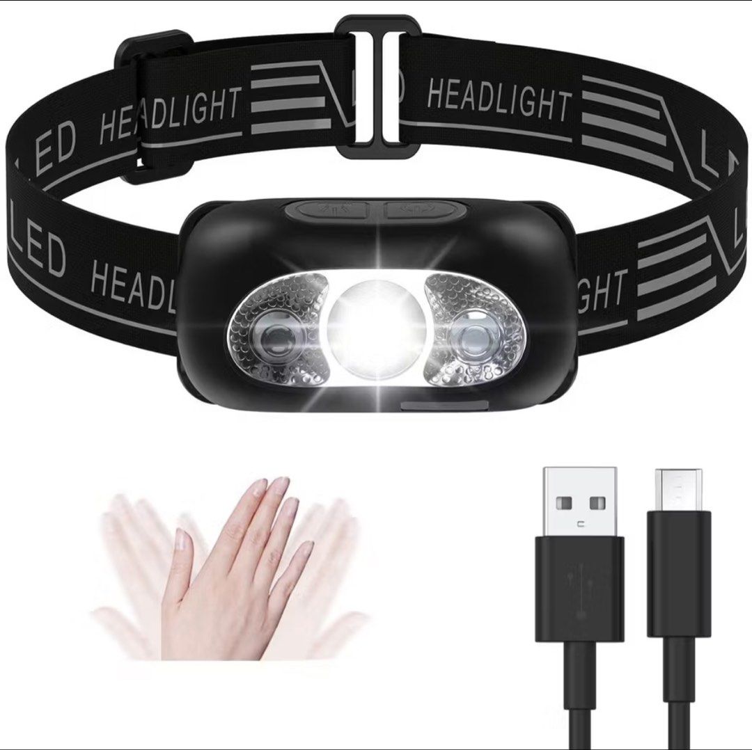 LED Headlight USB Rechargeable Motion Sensor Headlamp (Category: Hiking & Camping) located in Pasig City. Submitted by lagartode35575 (Listing ID 1466438250, Image 2). Description: - USB rechargeable LED headlight with long-lasting battery - Smart electric display to monitor battery level - Handy motion sensor for easy wave-to-turn-on/off control - Wide flood lighting and waterproof design for outdoor use - Includes charging cable and original bo