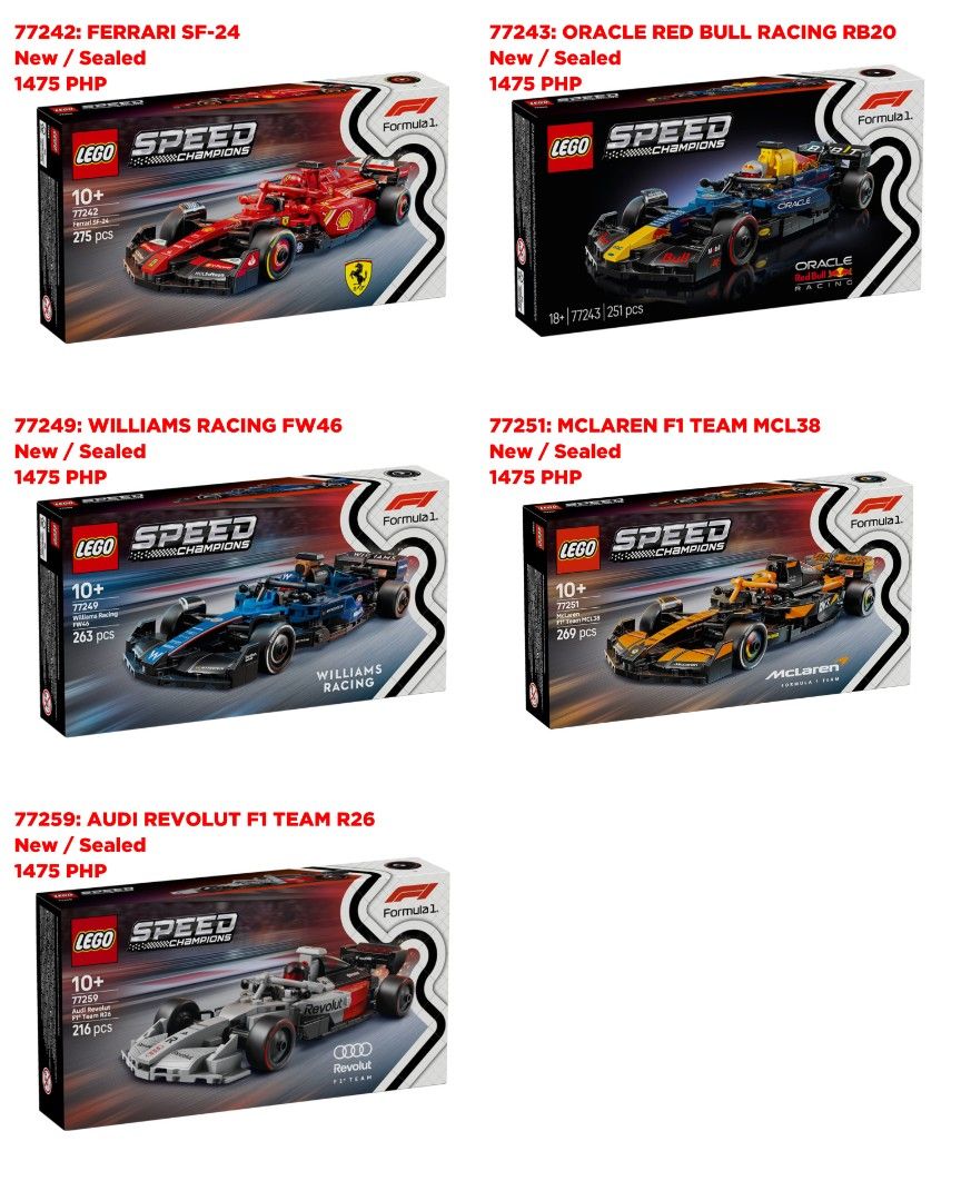 LEGO F1 SPEED CHAMPIONS (Category: Lego & Building Sets) located in Quezon City. Submitted by pupaj (Listing ID 1466488381, Image 1). Description: LOCATION: Batasan QC area SHIPPING: Via Grab / Lalamove / GoGo Xpress / LBC / ABest Express / J&T Buyer can suggest other shipping options upon negotiation Shipping fee c/o buyer MODE OF PAYMENT: Via BDO / GCash / Maya / Maribank / COD Item is cross-posted PM for inquiries.