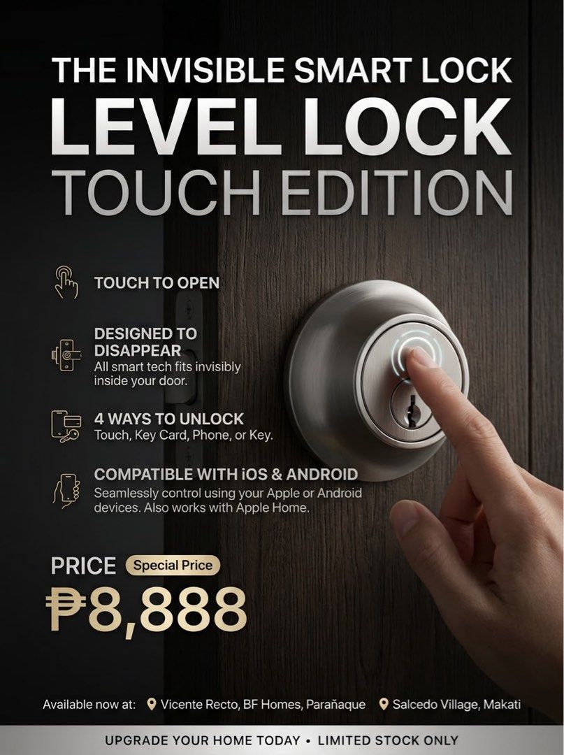 Level Lock Touch Edition Invisible Smart Lock (Category: Locks, Doors & Gates) located in Makati City. Submitted by nick.monte (Listing ID 1466465821, Image 1). Description: - Level Lock Touch Edition smart lock - Invisible smart tech fits inside your door - 4 ways to unlock: touch, key card, phone, or key - Compatible with iOS and Android devices - Works seamlessly with Apple Home - Limited stock available for meetup/pickup at Vicente Recto, BF 