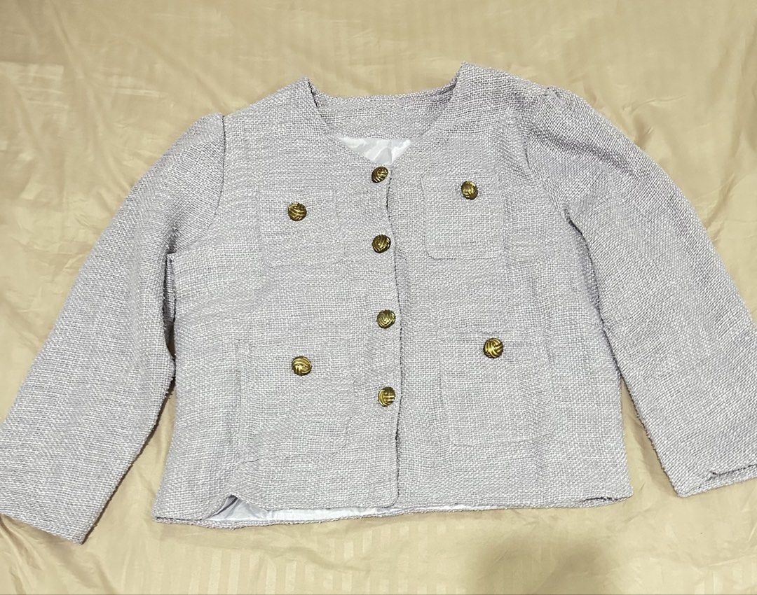 Purple Tweed Jacket with Gold Buttons (Category: Coats, Jackets and Outerwear) located in Manila. Submitted by everythingsale101 (Listing ID 1466448047, Image 2). Description: Purple tweed jacket. Textured fabric. Round neckline, front button closure with ornate gold-toned metal buttons. Four front pockets with matching buttons. Fully lined interior. Clean shoulders and sleeves. Great layer for cooler weather or office wear. Purple color in actua