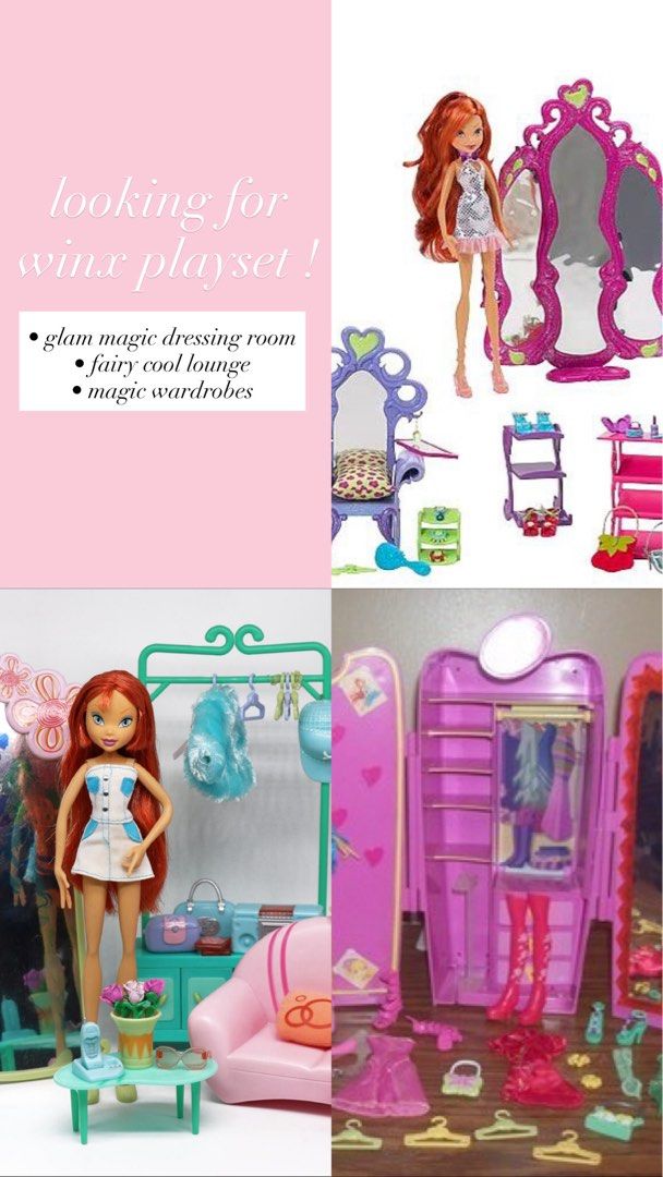 LOOKING FOR Winx Club (Category: Kids Toys) located in Manila. Submitted by poporo.ly (Listing ID 1458242209, Image 2). Description: ISO/looking for this winx club !🧚🏼‍♀️ DOLL — dance night Aisha/Layla preferably complete (top, skirt, heels, scarf & bag) — tecna any doll line as long no lashes, nvde is fine cause i already have her outfit — sky preferably complete PLAYSET — glam magic dressing room — fairy cool lounge — magic wardrobe (for play