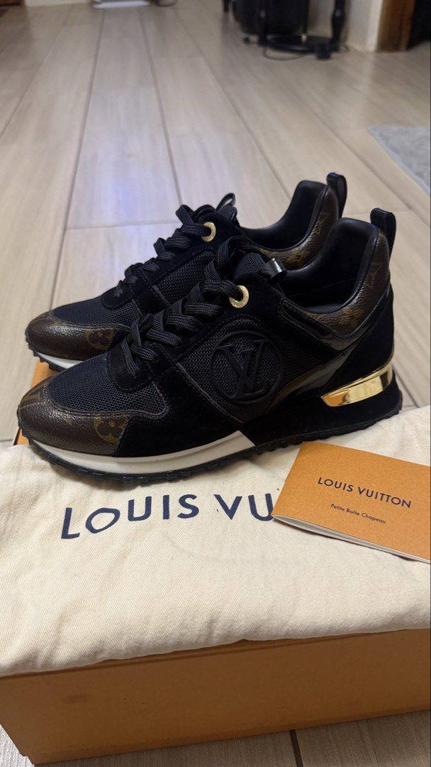 Louis Vuitton Black Monogram Sneakers (Category: Sneakers) located in Makati City. Submitted by kelmeckis20222 (Listing ID 1466494334, Image 2). Description: - Brand: Louis Vuitton - Color: Black with metallic gold accent - Materials: Suede, mesh, and classic monogram canvas trim - Features: LV circle logo on the side, rubber sole - Condition: Clean, worn only a couple of times - Inclusions: Original box, dust bag, and booklet included.