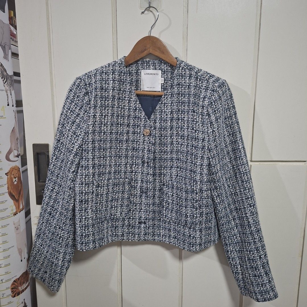 Love Bonito Tweed Jacket Blue White Size M (Category: Coats, Jackets and Outerwear) located in Quezon City. Submitted by arargarcia (Listing ID 1466456130, Image 1). Description: - Brand: Love Bonito - Style: Classic structured tweed jacket - Color: Blue and white with shiny metallic threads - Details: Gold-tone hammered buttons on sleeve cuffs, fully lined - Size: Medium (US 6, UK 10) - Origin: Made in China - Condition: Great for elevating both