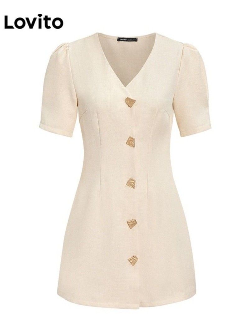 Lovito dress (Category: Dresses) located in Bacoor. Submitted by katecassan85266 (Listing ID 1466386766, Image 1). Description: Sis! Selling this super pretty Lovito dress in creamy beige, size L (fits EU 40 / UK 12 / US 8). It features a classy V-neck, cute puff sleeves, and chic gold-toned statement buttons down the front. Meetups possible at Central Camella Springville, Bacoor, Cavite. Grab it before it sells fast!.