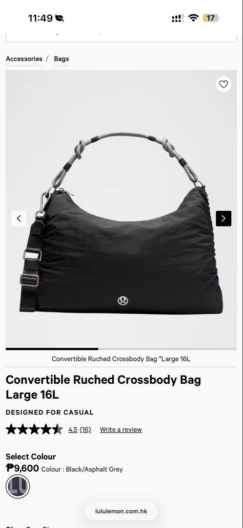 lululemon convertible ruched crossbody bag (Category: Shoulder Bags) located in Quezon City. Submitted by isachua (Listing ID 1466435797, Image 3). Description: like new, used once. bought it sa lululemon online. still clean and good condition but no tags not negotiable, bought it for 9k selling 5k rfs: declutter, bag is too big for me since i don’t bring much when going out.