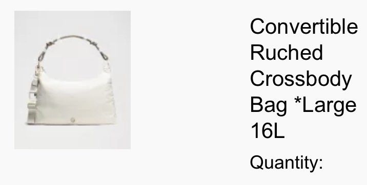lululemon convertible ruched crossbody bag (Category: Shoulder Bags) located in Quezon City. Submitted by isachua (Listing ID 1466435797, Image 1). Description: like new, used once. bought it sa lululemon online. still clean and good condition but no tags not negotiable, bought it for 9k selling 5k rfs: declutter, bag is too big for me since i don’t bring much when going out.