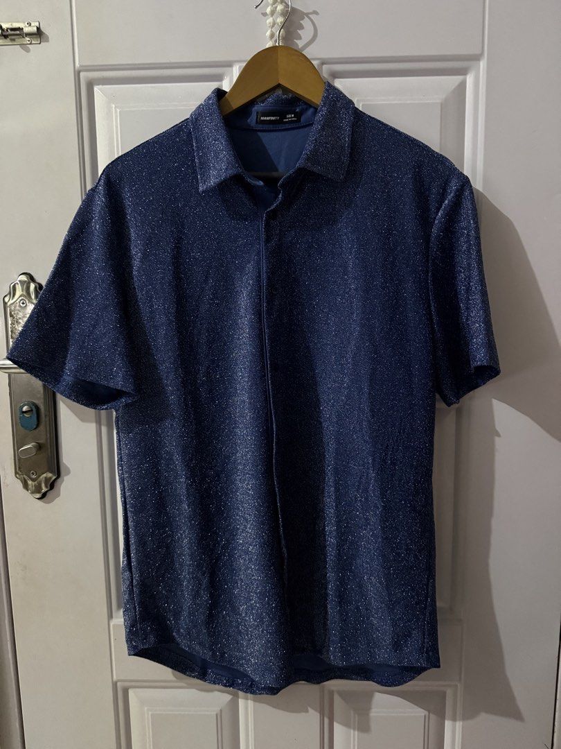 MANFINITY Celestial Blue Glittery Polo (Category: Tshirts & Polo Shirts ) located in Las Pinas. Submitted by sellerkjb (Listing ID 1466547656, Image 2). Description: BRAND NEW MEDIUM 24 x 29 inches (can fit to large) there is a very small issue (minor tastas) (see last photo) .