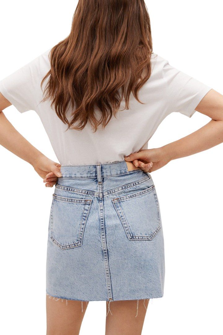 MANGO DENIM MINI SKIRT (Category: Skirts) located in Pasig City. Submitted by vetementsdemanila (Listing ID 1466422622, Image 3). Description: MANGO DENIM MINI SKIRT New without tags Size: LARGE Waist: 32 inches Length: 18 inches P1200 PLUS SHIPPING .
