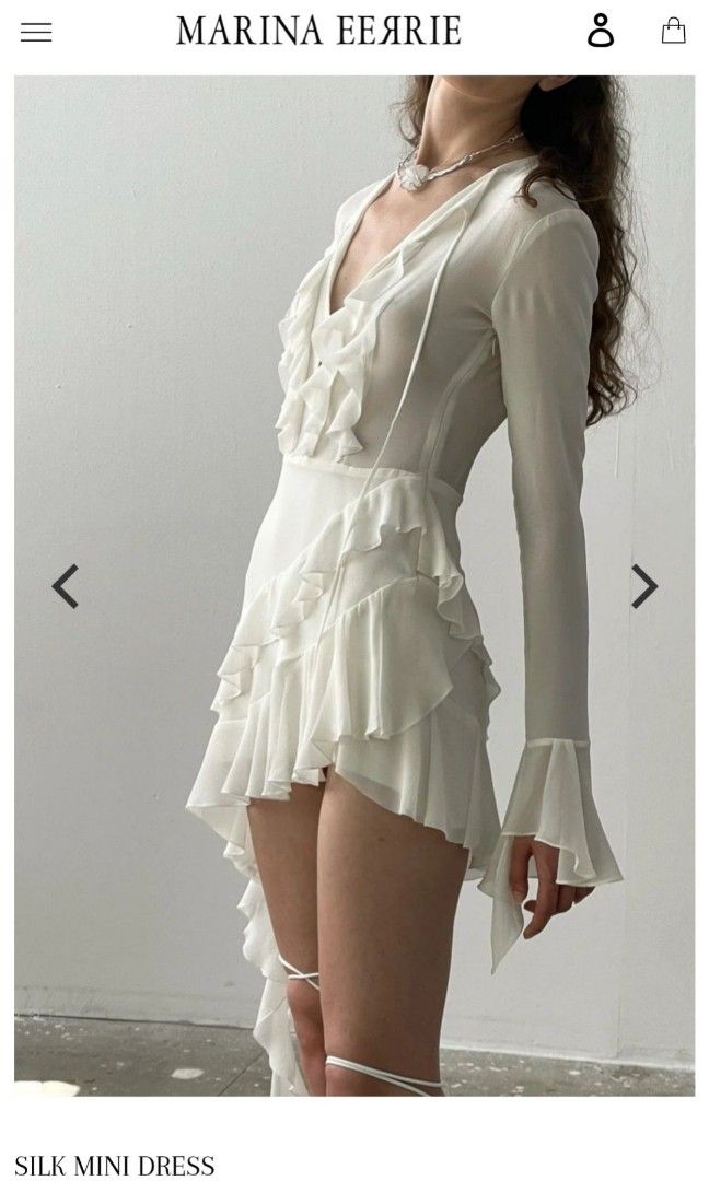 Marina eerie ruffled silk white dress (Category: Dresses) located in Pasay City. Submitted by claradonya06 (Listing ID 1466449552, Image 3). Description: This is a marina eerie ruffled silk white dress. Since I already removed the tag and I can't provide the authentication drop your price nalang po accordingly to your preferences.Small to medium . you can visit this website for references https://marinaeerrie.com/products/airy-silk-dress?variant=