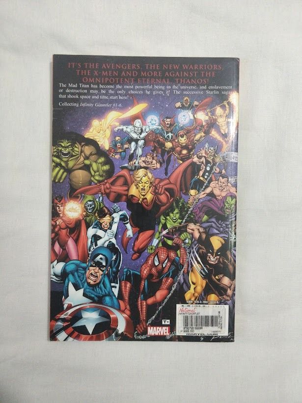 Marvel The Infinity Gauntlet Trade Paperback Comic Book (Category: Comics & Manga) located in Quezon City. Submitted by caduceus.dc (Listing ID 1466492413, Image 2). Description: - Title: The Infinity Gauntlet Trade Paperback (Collects Issues 1-6) - Creators: Written by Jim Starlin, Art by George Pérez & Ron Lim - Publisher: Marvel Comics (Standard softcover format) - Synopsis: Thanos wields the Infinity Stones against Earth's heroes in this lege