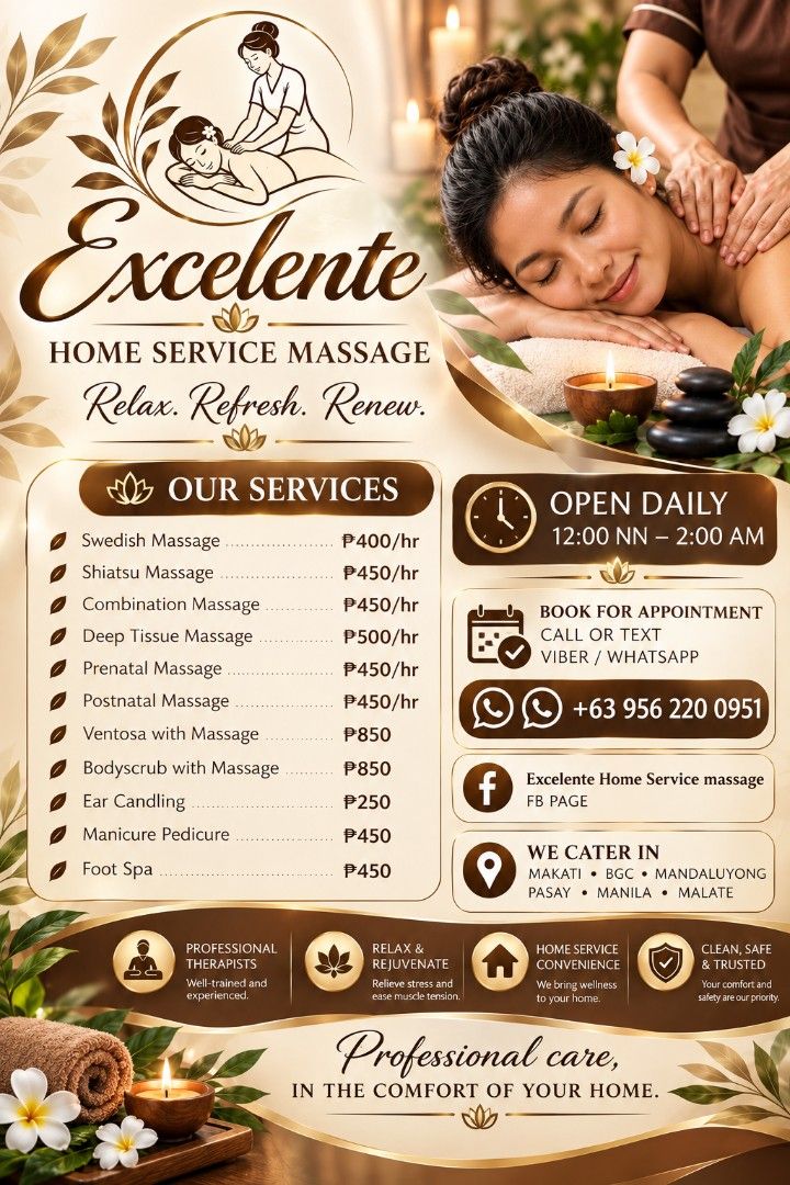 Massage at home (Category: Body Care) located in Manila. Submitted by excelentehomeservicemassage-29 (Listing ID 1466504997, Image 1). Description: .