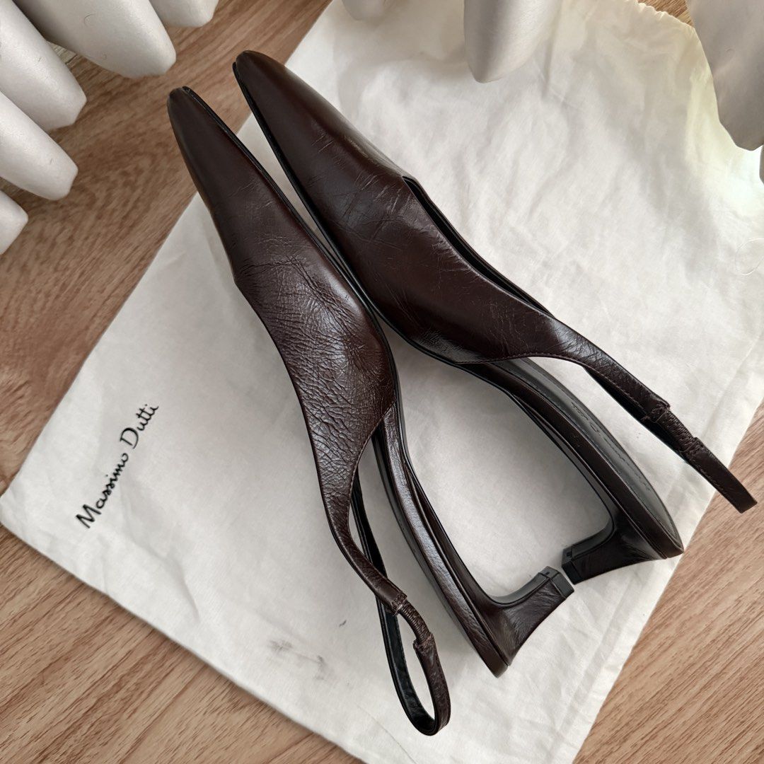 Massimo Dutti Brown Leather Slingback Heels (Size 39) (Category: Heels) located in Taguig. Submitted by mommydeclutters (Listing ID 1466412446, Image 2). Description: Brand: Massimo Dutti Style: Slingback heels with square toe and comfortable mid heel Color: Dark brown leather with black inner lining and soles Size: 39 Inclusions: Original Massimo Dutti dust bag Condition: 9/10 - Heels rarely used - Minor creasing normal due to its soft leather -