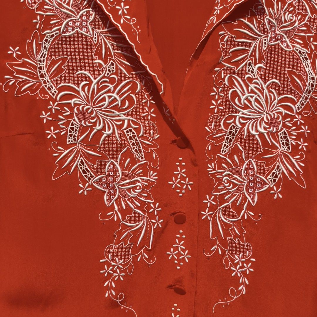 (Med-L) 100% red silk embroidery top (Category: Longsleeves) located in Lucena. Submitted by minryism (Listing ID 1466392387, Image 3). Description: 100% red silk embroidered longsleeves top 💃💃 fits med-large 💪💪fits small men onli: 250 Length:23 in Width (pit to pit):17 in Shoulder:14.5 in Sleeves:21 in Arm opening: 8 super flowy. when i left it by itself i swear it flown?!FLOWN?! veri bo b mackie!!! rip diva forda best fit po u can measure u