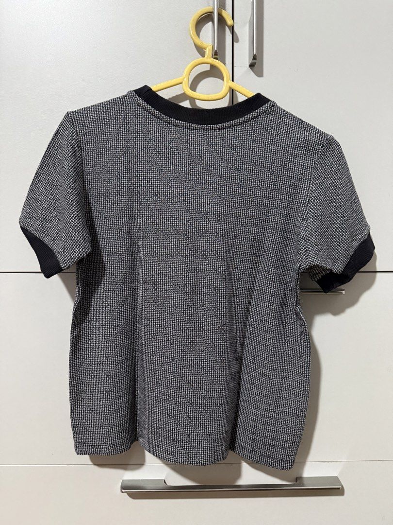 MEMO Ultimate Basics Houndstooth Ringer T-Shirt XS (Category: Shirts) located in Manila. Submitted by mpt99876 (Listing ID 1466523329, Image 3). Description: - Brand: MEMO Ultimate Basics - Style: Black & White houndstooth pattern tee with short sleeves - Size: XS - Details: Black ribbed contrast crew neck and cuffs, cute embroidered owl logo on left chest - Material: Textured knit fabric - Condition: Super clean and ready to wear.