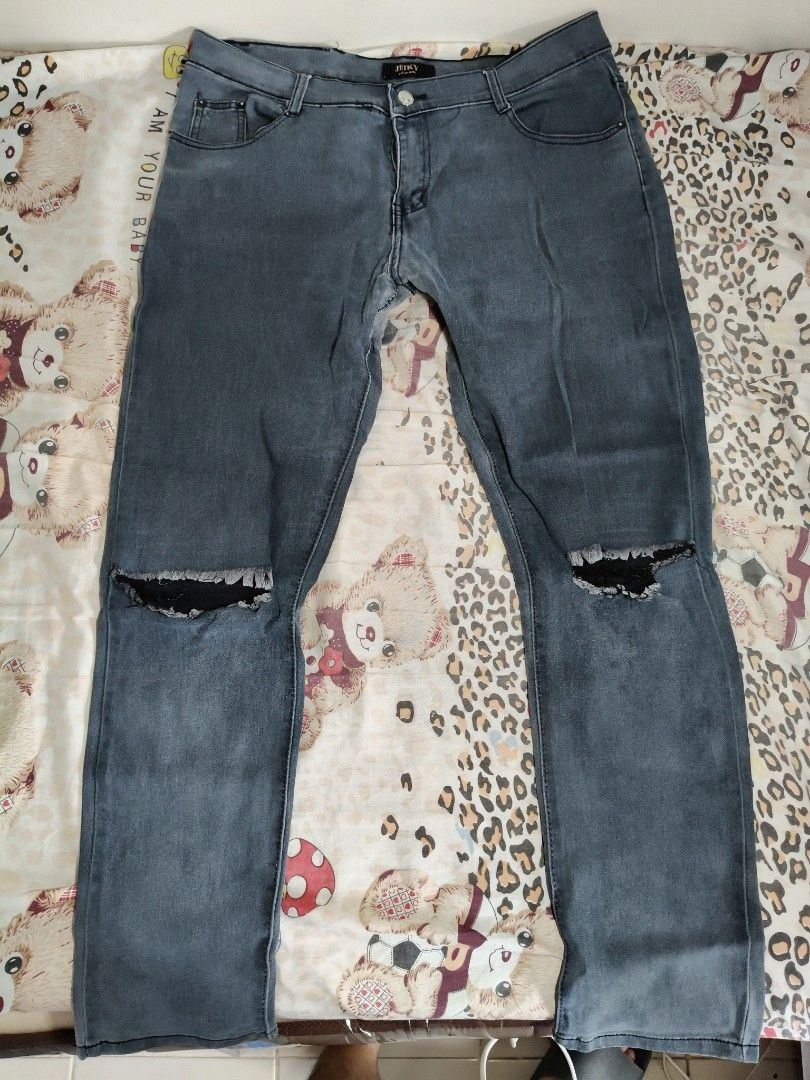 Men's Distressed Slim-Fit Jeans (Category: Jeans) located in Lapu Lapu. Submitted by hooman422 (Listing ID 1466562558, Image 1). Description: • Product: Distressed denim jeans • Color: Grayish dark blue wash • Style: Regular/slim straight-leg fit • Distress details: Prominent horizontal cut-outs/slits at both knees with frayed edges • Design elements: Classic five-pocket configuration, standard belt loops, and center button closure with front zip