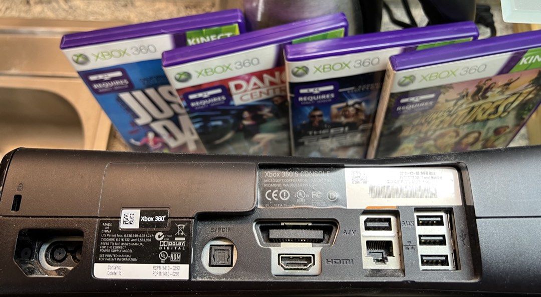 Microsoft Xbox 360 S 250GB Console with Kinect and 4 Games (Category: Xbox) located in Pasig City. Submitted by edgarlou (Listing ID 1466475561, Image 2). Description: - 110 VOLT - Console: Black Xbox 360 S with 250GB HDD (Tested & 100% working) - Included: Kinect sensor, 1 wireless controller, power brick, AV cables, and manuals - Games included: Just Dance 3, Dance Central, Kinect Adventures, and The Black Eyed Peas Experience - Perfect bundle 