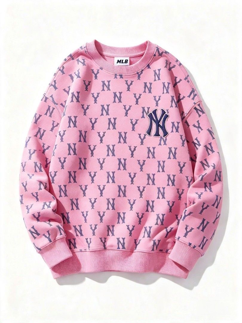 MLB New York Yankees Monogram Pink Sweatshirt (Category: Coats, Jackets and Outerwear) located in Manila. Submitted by nisayy13 (Listing ID 1466441328, Image 1). Description: MLB New York Yankees pink sweatshirt with all-over NY monogram print. Features embroidered Yankees logo patch on the chest and MLB branding on the collar and sleeve tag. Long sleeves, ribbed cuffs and hem. Comfortable cotton blend fabric, vibrant pink shade with dark navy pr