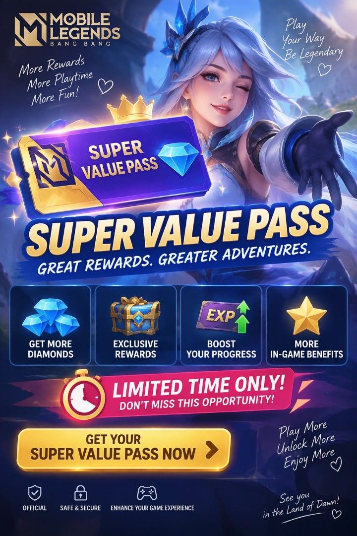 Mobile Legends Bang Bang Super Value Pass (Category: Game Gift Cards & Accounts) located in Pasay City. Submitted by nikiluki_ (Listing ID 1466482274, Image 1). Description: - Official, safe, and secure Mobile Legends Super Value Pass - Get extra diamonds and exclusive rewards - Boost your in-game progress and enjoy extra benefits - Limited time offer only - enhance your gaming experience now!.