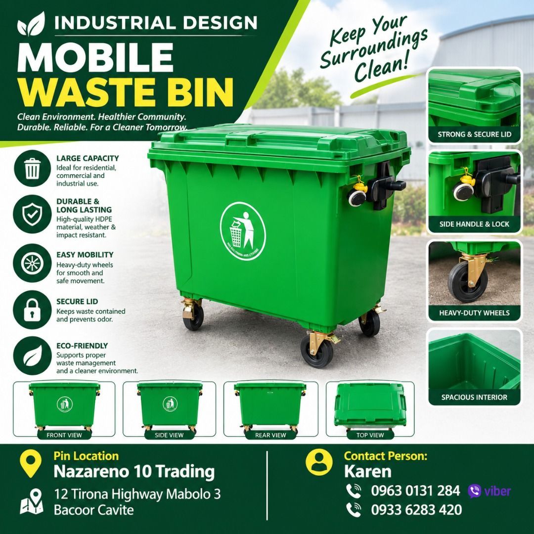 Mobile Waste bin with Wheels 660 Liters (Category: Looking For) located in Bacoor. Submitted by kajezame.2021 (Listing ID 1466377261, Image 1). Description: Mobile Waste bin with Wheels 660 Liters For More Details and Discount Contact Ms. Karen NAZARENO 10 TRADING 0963 0131 284 0933 6283 420 0956 7028 557 0933 8559 510 Landline: Look for Ms. Karen (046 ) 416 3920 Also available: • Traffic cone • Parking Block stopper • Hooded trash bin • Road Pla