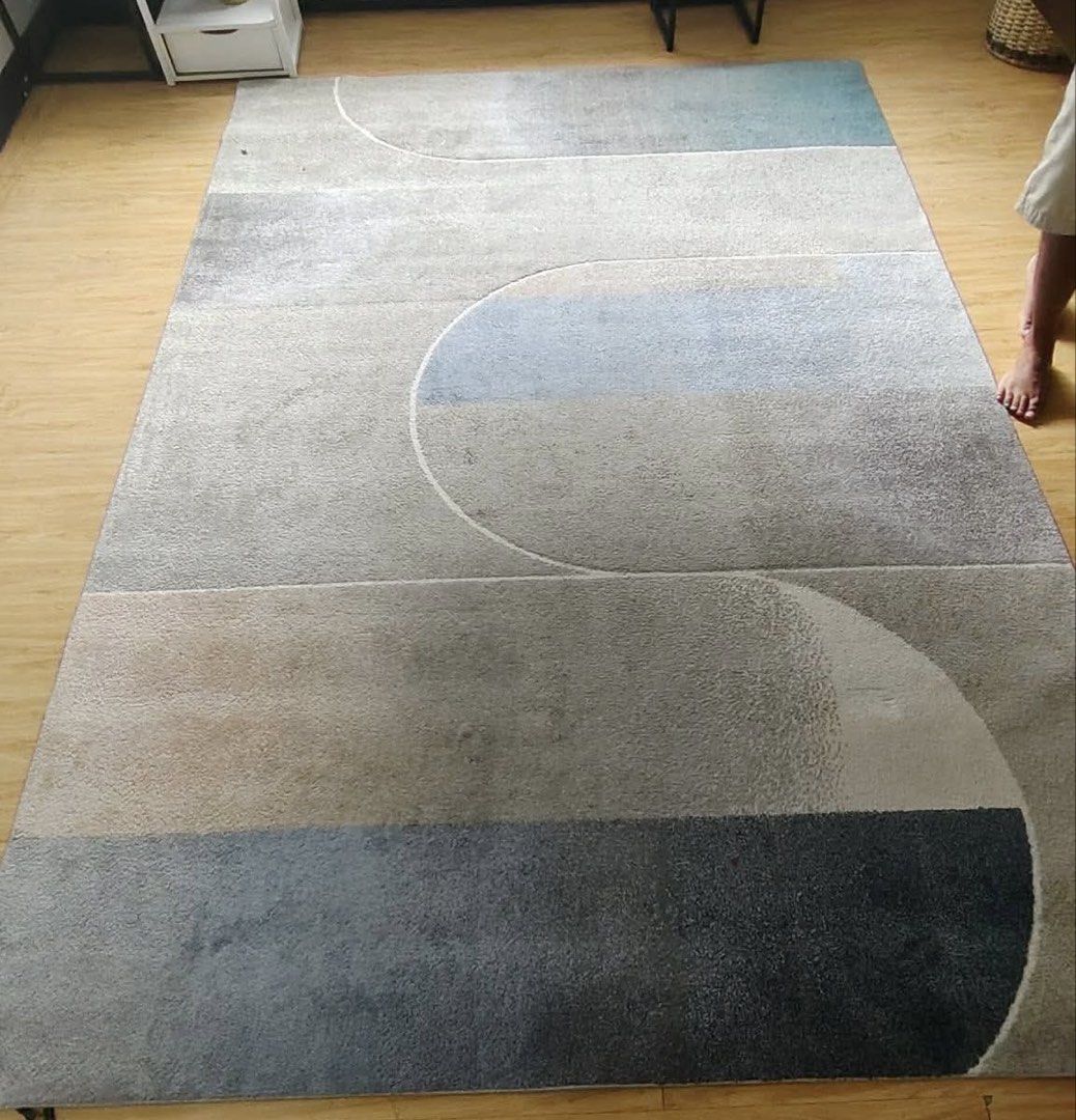 Modern Soft Carpet (Category: Carpets, Mats & Flooring) located in Pasig City. Submitted by epolapol1234 (Listing ID 1466436581, Image 2). Description: - Originally bought at Showcase Carpet at 16,000 pesos - Dimension: 290cm x 196cm - Neutral color palette featuring versatile shades of blue, grey, and cream - Soft texture - Great addition for living room or bedroom decor - Easy to match with various interior setups - No issue; No stains - First 
