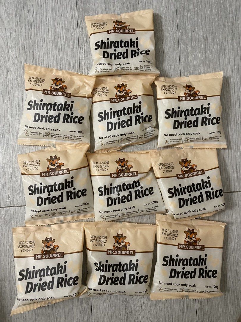 Mr. Squirrel Shirataki Dried Rice 100g (Category: Rice & Noodles) located in Quezon City. Submitted by meires (Listing ID 1466458629, Image 1). Description: Mr. Squirrel Shirataki Dried Rice - Quantity: 10 packets - Net Weight: 100g per pack - Preparation: No cooking needed, just soak in hot water for a quick and easy meal - Manufacture Date: 2025-10-03 - Expiry Date: 2027-04-02 RFS: Not for me 😭.
