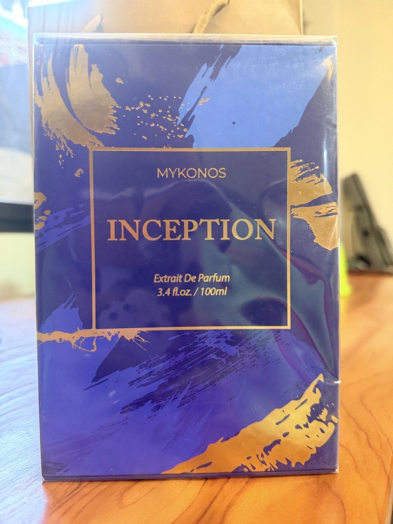 Mykonos Inception Extrait De Parfum 100ml (Category: Fragrance & Deodorants) located in Caloocan City. Submitted by lovempink (Listing ID 1466352704, Image 1). Description: - Brand: Mykonos - Fragrance: Inception - Concentration: Extrait De Parfum - Size: 3.4 fl oz / 100ml - Condition: Brand new, sealed in original plastic wrap - Packaging: Blue with gold brushstroke design - Batch Number: 26.07.1153 - Expiry Date: 07.2029.